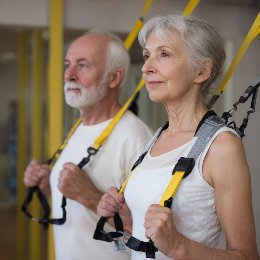 Older adults following personalized trumidor exercise routine with adaptive equipment